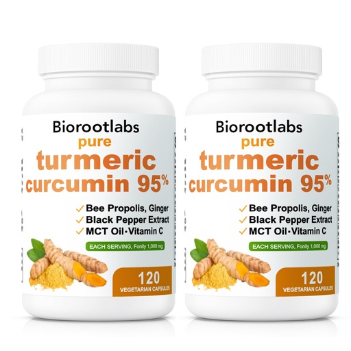 [BRSRGYYLCQPGM2T5] Biorootlabs Turmeric Curcumin Supplement 1000mg, Biorootlabs Pure Turmeric Curcumin 95, 6-in-1 Turmeric Curcumin Capsules with Bee Propolis, Ginger, Mct Oil, Fat Soluble Vitamin C & Black Pepper (2)