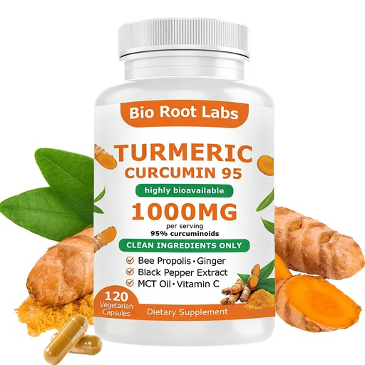 [BRSRGBIBAENQYCT4] 1PCSBio Root Labs Turmeric Curcumin Supplement, Turmeric Curcumin 1,000mg – 95% Curcuminoids with Black Pepper & Ginger,Fat Soluble Vitamin C,Enhanced Absorption,120 Capsules (1PCS)