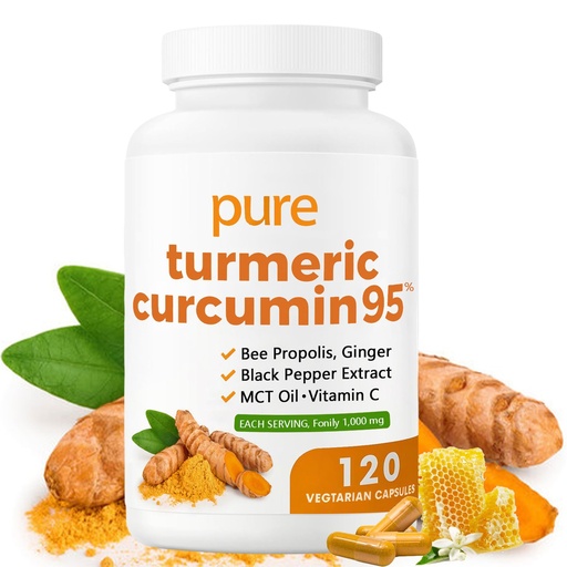 [BRSREZIFBV7AYFA7] Turmeric Curcumin 95 1000mg - 95% Turmeric Complex Supplement with Bee Propolis, Ginger, MCT Oil, Fat Soluble Vitamin C, & Black Pepper, Non-GMO, Gluten Free, 120 Capsules