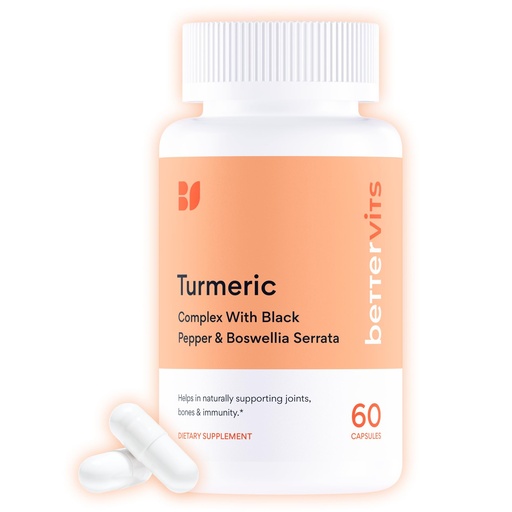 [BRSREGILBNYAKCLJ] Bettervits Turmeric Curcumin Supplement with Black Pepper and Boswellia Serrata | Organic 1000mg Turmeric Supplement for Enhanced Absorption and Vitamin C | Joint Support - Non-GMO | 60 Vegan Capsules