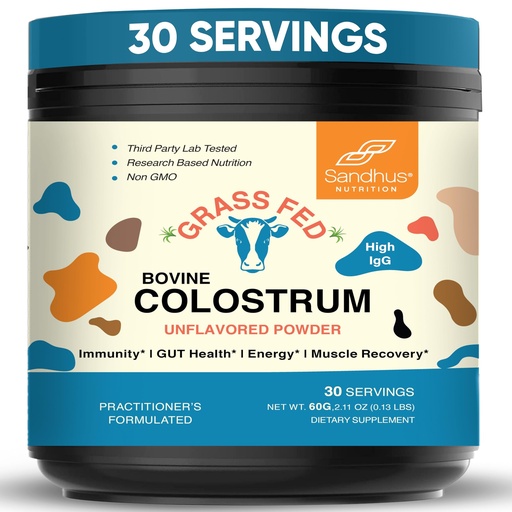[BRSROC3RDEIAEAAY] Sandhu's Grass Fed Bovine Colostrum Powder for Humans, Adults | 30 Servings (Pack of 1) Cows Supplement | High IgG for Gut Health | Immunity & Muscle Recovery Support | Unflavored | for Men & Women