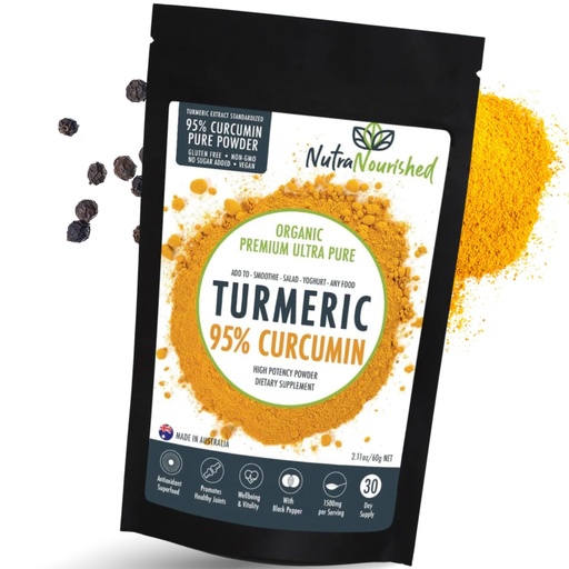 [BRSRGAD6A4PAA3LP] Organic Turmeric 95% Curcumin Powder – 1500mg Extract with Black Pepper – Non-GMO, Vegan, Gluten-Free, Natural Supplement – 60g