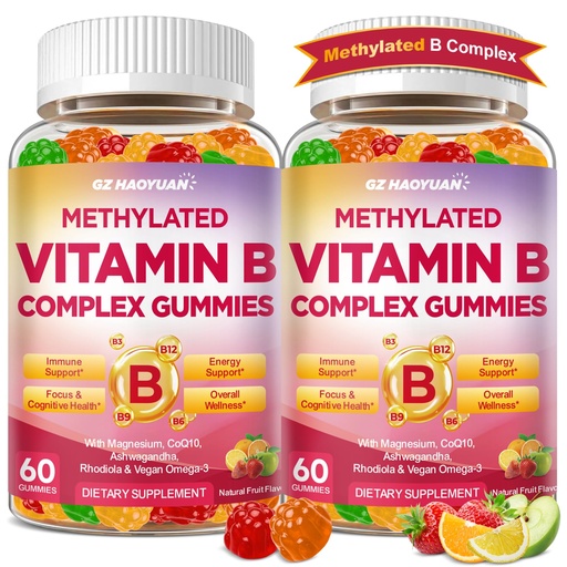 [BRSRGAYNC4PAGADK] Methylated Vitamin B Complex Gummies for Women & Men with Vitamin B1, B2, B3, B5, B6, B7, B9, B12 & Magnesium, Omega-3, CoQ10, Supports Brain Health, Energy, Immune, Sugar Free, Fruit Flavor, 120ct