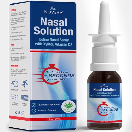 [BRSROAQQAB4A2YLV] NOVEHA Iodine Nasal Spray - Nose Spray for Humans - Cleanses & Refreshes Nasal Passages - with Vitamin D3 & Aloe Vera - Natural Daily Nasal Cleanser - Made in USA - 30mL