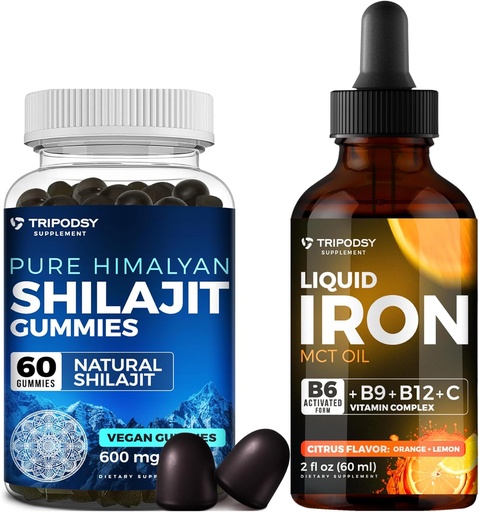 [BRSRA2YNCQBA2HL7] Ultimate Health Bundle: Liquid Iron Supplement & Pure Himalayan Organic Shilajit Gummies for Women & Men - Non-GMO, Vegan, Natural Energy and Immune Support - 60 Gummies & 30 Servings