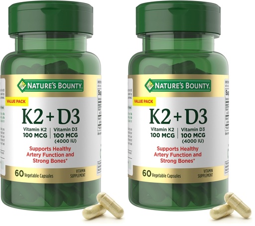 [BRSREBD4OABAMCD6] Nature's Bounty Supplement, 4000 IU Vitamin D3 Plus 100 mcg of Vitamin K Supplements for Adults for Heart & Bone Health Support, 60 Day Supply, 60 Vegetarian Capsules (Pack of 2)