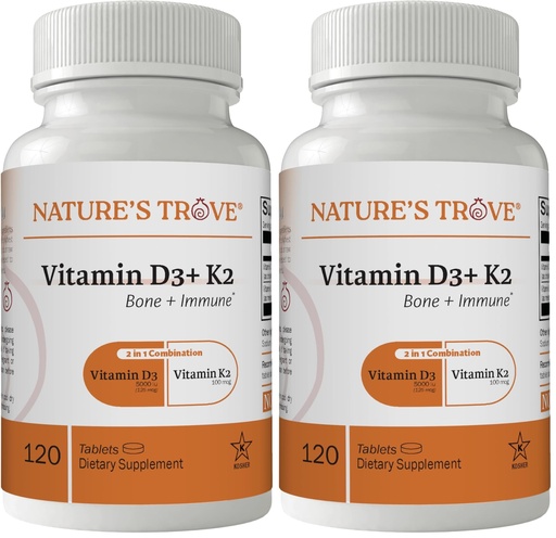 [BRSRGGQZBZ5AAE3H] Nature's Trove Vitamin D3 5000 IU Plus K2 100mcg for Bone Health & Immune Support - 120 Tablets - 2-in-1 Formula (Pack of 2)