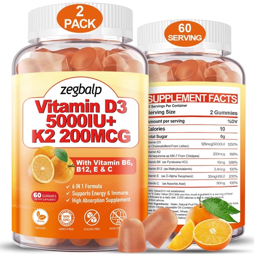 [BRSROC3QBYMRGG3G] 2Packs Vitamin D3 K2 Gummies for Adults, Sugar-Free Vitamin D3 5000IU + K2(MK-7) 200mcg Supplement with Vitamin B Complex & Vitamin C E Supports Bone, Muscle, Teeth & Immune, Vegan, Gluten Free