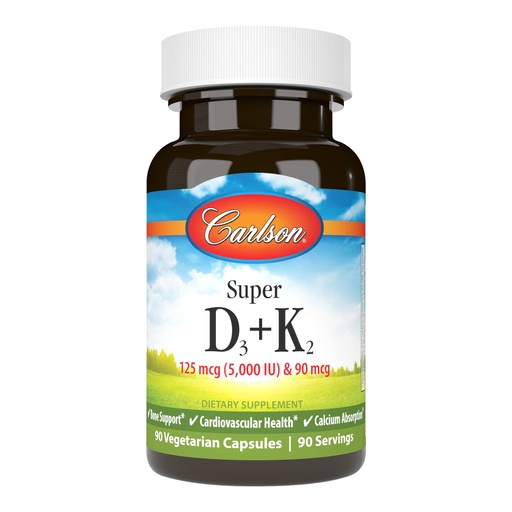 [BRSW2AQ3C4ORUE36] Carlson - Super D3 + K2, 125 mcg (5000 IU) Vitamin D3, 90 mcg Vitamin K2 as MK-7, Bone Support, Calcium Absorption, 90 Vegetarian Capsules