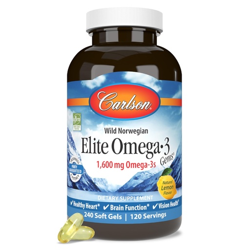 [BRSWKGAZO57WOEDI] Carlson Elite Omega-3 Gems 1600 mg Omega 3 Fatty Acids Including EPA and DHA, Norwegian, Wild-Caught Fish Oil Supplement, Sustainably Sourced Fish Oil Capsules, Lemon - 60 Softgels