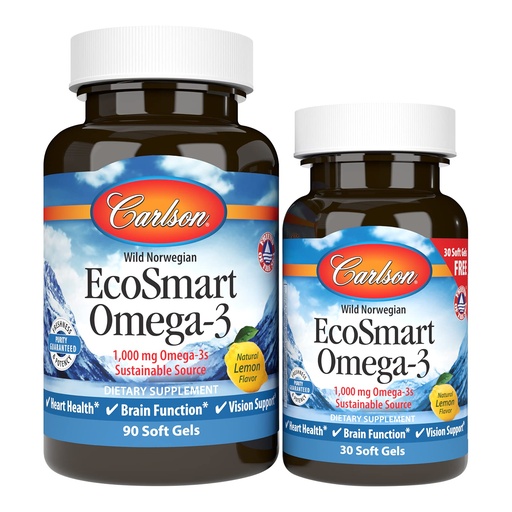 [BRSWIZY4BR6Q2FD4] Carlson - EcoSmart Omega-3, 1000 mg Omega-3s Sustainable Source, Heart Health, Brain Function & Vision Support, Lemon, 90+30 soft gels