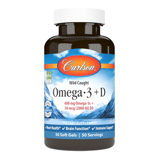 [BRSREED4BFYWOYL4] Carlson Omega-3 + D, 600 mg Omega-3s with EPA & DHA + 2,000 IU Vitamin D3, Wild-Caught Fish Oil, Norwegian-Sourced Omega-3 Supplement, Heart, Brain & Bone Support, 50 Soft Gels