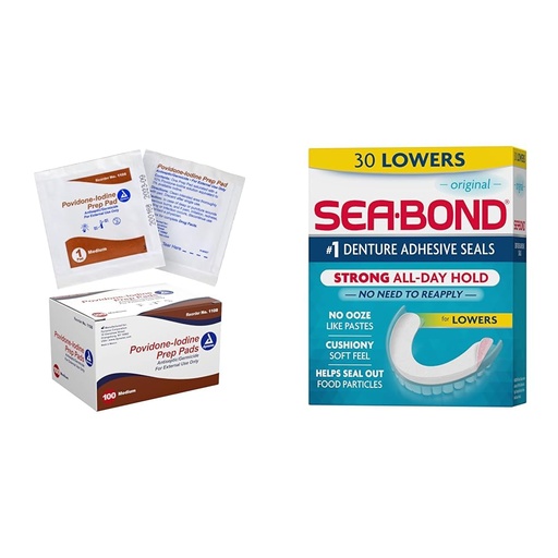 [BRSRAYIKDJ7BOHYZ] Dynarex Povidone-Iodine 10% Antiseptic Wipes, 100 Count & Sea Bond Denture Adhesive Seals, Original Lowers, 30 Count