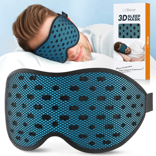 [BRSRA2T2DMBRSD34] LitBear Breathable Sleep Mask, 3D Eye Mask Sleep for Side Sleepers Women Men, Light Blocking Sleeping Mask with Adjustable Strap, Soft Lightweight Eye Cover for Travel, Night Work, Nap, Office - Blue