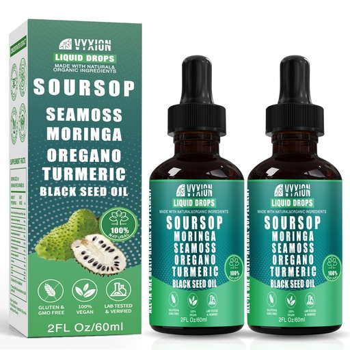 [BRSRACQCBYCRUEYV] Soursop Pure Liquid Drops 10 in 1 with Sea Moss, Moringa, Turmeric, Black Seed Oil, Oregano, Ashwagandha | Herbal extracts for Overall Health | Vegan, Non-GMO | 4 Fl Oz