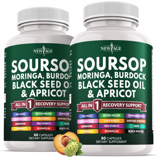 [BRSREBQDAAPAOFLB] Soursop Supplement - Moringa, Sea Moss, Black Seed Oil, Berberine, Turmeric, Apricot, Quercetin, Greens, Bitters, Boswellia, Bitter Melon, Burdock Root - 120 Capsules