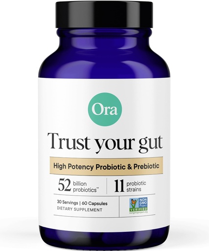 [BRSW2ZTRPIBWYH33] Ora Organic Probiotics with Prebiotics - 52 Billion CFU 11 Clinically Studied Strains for Digestive Health, Trust Your Gut, Gluten Free, 60 Capsules