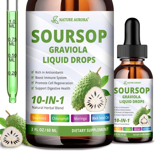 [BRSREFQYOQNA2C35] 2000MG Soursop Graviola Liquid Drop, 10-in-1 Soursop Bitters Liquid Drops with Sea Moss, Black Seed Oil & Soursop Graviola Leaves Extract for Cell Support, Immunity, Gut & Antioxidant, 60ML
