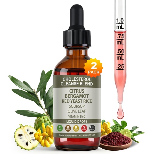 [BRSRGBQFCQFBS3Q3] 2 Pack Red Yeast Rice Drops with Citrus Bergamot, Olive Leaf & Soursop – Natural, Non-GMO, Vegan Cholesterol Support Blend, High Absorption Formula – 4 fl oz