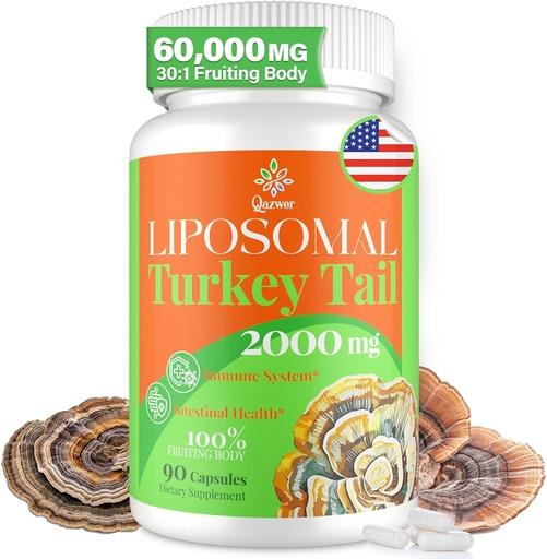 [BRSRAFABAB6AOGT5] Liposomal Turkey Tail Mushroom Capsules, High Absorption Organic Turkey Tail Mushroom Extract 2000MG| 30:1 Fruiting Body| Supplement for Digestive Health, Energy & Immune Support, Non-GMO -90 Capsules