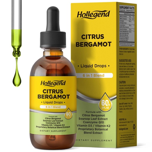 [BRSRACQZBZ6RGF3L] Citrus Bergamot Liquid Drops, Organic Citrus Bergamot 1000mg Supplement, Plus Soursop, CoQ10, Vitamin D3, K2, Overall Health Support, Vegan, Lemon Flavor,2 Fl Oz