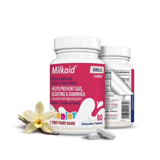 [BRSRAAT4AUNWM3TO] Milkaid Junior Lactase Enzyme Chewable Tablets for Lactose Intolerance | Prevents Gas, Bloating, Diarrhea in Children| Fast Acting Dairy Digestive Supplement for Kids| 60 ct (60 Tablets, Vanilla)