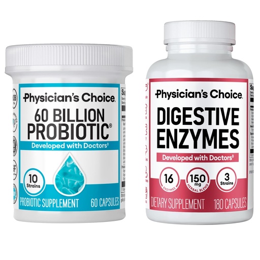 [BRSREEAQAEFQGCT4] Physician's CHOICE Advanced Gut Health Bundle: 60 Billion Probiotics 60ct + Digestive Enzymes 180ct for Digestive, Gut, and Immune Health Supports Occasional Constipation, Diarrhea, Gas, and Bloating
