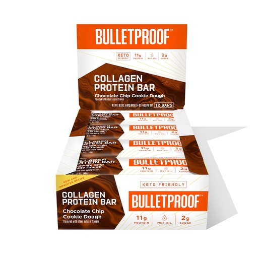 [BRSRMYIQPIMAE2TH] Bulletproof Chocolate Chip Cookie Dough Collagen Protein Bars, Pack of 12, Keto-Friendly Snack with MCT Oil, Grass-fed Collagen, No Added Sugar