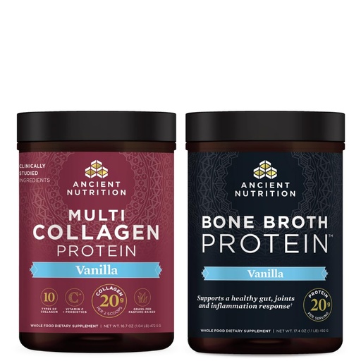[BRSRMEA2CMBRE3A2] Ancient Nutrition Multi Collagen Protein Powder, Vanilla, 45 Servings + Bone Broth Protein Powder, Vanilla, 20 Servings