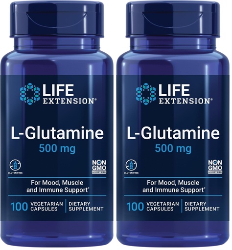 [BRSRGGQNO4GRS33A] Life Extension L-Glutamine,500 mg L-glutamine,Amino Acid,Supports Muscle Health and Immune Health,Gluten-Free,Non-GMO,100 Vegetarian Capsules,(Pack of 2)