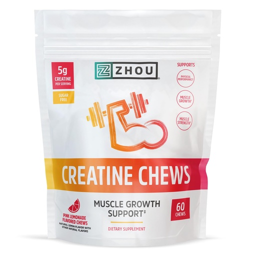 [BRSROGITCQCGE23H] ZHOU Nutrition Creatine Monohydrate Chewables 5g for Men & Women, Sugar Free, Organic, Non GMO, Pink Lemonade, 60 Creatine Gummies