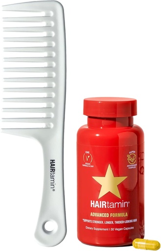 [BRSROCQOPMIBEFD4] Hairtamin Advanced Vegan Biotin Supplement Pack | Hair, Skin & Nail Vitamins with Gentle Detangling Comb to Promote Growth & Thickness