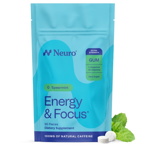 [BRSREZIFCV6G2EL3] Neuro Energy & Focus Gum, Extra Strength - 100mg Natural Caffeine Gum & Nootropic Energy Supplement with L-Theanine & B Vitamins - Sugar Free, Vegan - Spearmint, 90ct