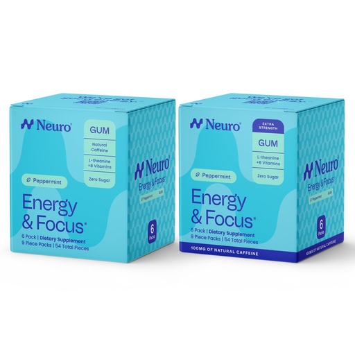 [BRSRECQBBF5AI3QU] Neuro Energy & Focus Smart Gum Set – Original (54-Count 6-Pack) + Extra Strength (54-Count), Peppermint Flavor – Sugar-Free Nootropic Supplement with Natural Caffeine, L-Theanine, B12 & B6