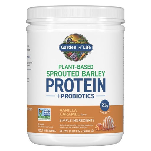 [BRSREYINBAMA4H3X] Garden of Life Plant-Based Sprouted Barley Protein, Vanilla Caramel with 21g Protein, 0g Sugar & Clean Ingredients, Upcycled Barley, Probiotics, Non-GMO, use in Shakes, Smoothies & Baking, 20 Servings