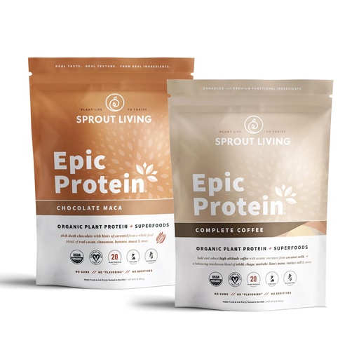 [BRSRMZIYAAHRU2DK] Sprout Living Epic Protein Bundle - Chocolate Maca & Complete Coffee (20g Organic Plant-Based Protein Powder, Vegan, Gluten Free, Superfoods) | 1lb, 12 Servings