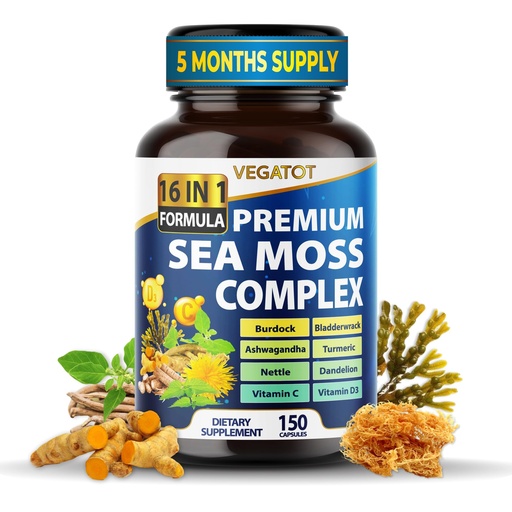 [BRSROY37BMNA2AY7] Organic Sea Moss with Bladderwrack, Burdock, Ashwagandha, and Turmeric - Immunity Booster for Healthy Aging, Skin & Joint Support (150 Count (Pack of 1))