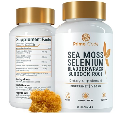 [BRSREHQ6C4FAOD3J] Prime Code Sea Moss Capsules with Selenium – 3-in-1 Blend with Bladderwrack & Burdock Root – Supports Immune Health & Daily Wellness – Vegan – 60 Capsules