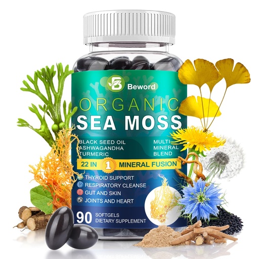 [BRSREZTRAV6WOFI4] BEWORD Organic Sea Moss Softgels, 90 Capsules - with Irish Sea Moss, Vitamin C,D3, Black Seed Oil, Ashwagandha, Turmeric, Bladderwrack, Burdock, Rhodiola Rosea - Immune, Skin & Energy Support, 1 Pack