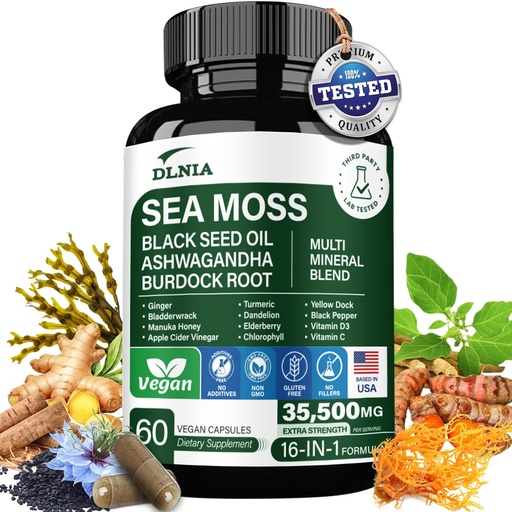 [BRSROBL2AQOQMYD5] 16-in-1 Organic Sea Moss Gel Alternative Capsules – Superfood Blend with Ashwagandha, Black Seed Oil, Turmeric, Bladderwrack, Burdock, Elderberry, Manuka, Dandelion, Yellow Dock, Vitamin C & D3