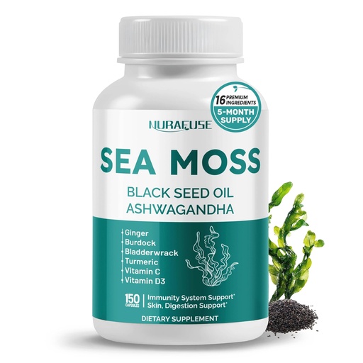 [BRSRAYAFAV6RMDI4] SEA Moss Black Seed Oil Ashwagandha Ginger 16-in-1 Formula - with Burdock, Bladderwrack, Turmeric Non-GMO, Gluten-Free, Soy-Free