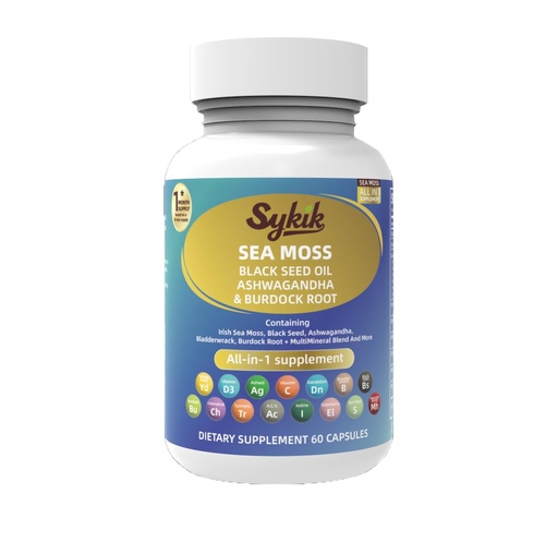 [BRSREFI7OZ4GYALZ] Sykik Sea Moss Black Seed Oil with Ashwagandha, Turmeric, Bladderwrack, Burdock, Vitamins C & D3, Elderberry, Manuka, Dandelion, Yellow Dock, Iodine, Chlorophyll, ACV, 60 Capsules