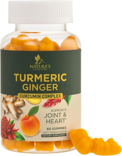 [BRSWYYITB4JWAEI4] Turmeric Curcumin Supplement Gummies - 95% Curcuminoids with Turmeric & Ginger, Black Pepper for Best Absorption, Nature's Vegan Joint Support, Non-GMO, Gluten Free, Tasty Peach Flavor - 60 Gummies