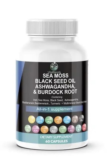 [BRSRACQKAVYGOD3L] Sea Moss 3000mg Black Seed Oil 2000mg Ashwagandha 1000mg Turmeric 1000mg Bladderwrack 1000mg Burdock 1000mg & Vitamin C & D3 with Elderberry