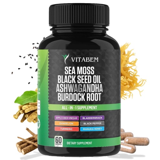 [BRSRABD5AR6RYAD2] Sea Moss Black Seed Oil Ashwagandha Turmeric Bladderwrack Burdock Root | Advanced Sea Moss Capsules All in One Supplement with Seamoss Black Seed Oil Burdock Root Capsules - 60 Count