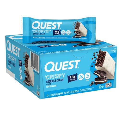 [BRSW2YAKCEDQA33A] Quest Nutrition Crispy Cookies & Cream Hero Protein Bar, 18g Protein, 1g Sugar, 3g Net Carb, Gluten Free, Protein Snack, Keto Friendly, 12 Count