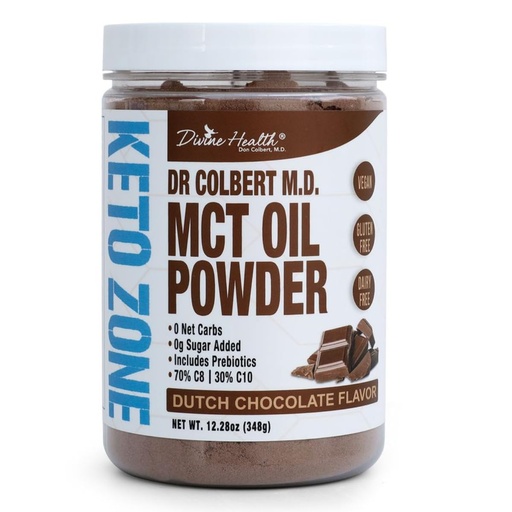 [BRSWGAY3CUAWAFA6] Dr. Colbert's MCT Oil Powder | Dutch Chocolate Flavor | by Divine Health | Keto Zone | 70% C8 | 30% C10 | 0 Net Carbs | Gluten Free | 30 Day Supply | 348g