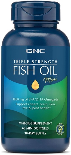 [BRSWGHD2B4PW2CYY] GNC Triple Strength Fish Oil Mini Omega 3 Supplement, 1000mg EPA and DHA, Supports Heart, Brain, Skin, Eye and Joint Health, 60 Mini Softgels