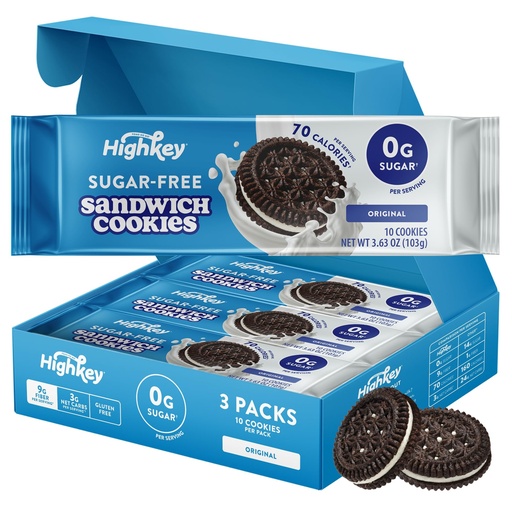 [BRSRMHQZAANAAFI2] HighKey Sugar Free Sandwich Cookies - Low Calorie, Keto-Friendly Snack With Zero Sugar and Gluten Free - 30 Count