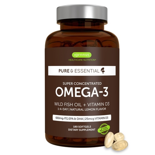 [BRSREEIOOZ5RU33U] Igennus Advanced rTG Omega-3 IFOS Certified Wild Fish Oil & Vitamin D3, 1-a-Day, Fatty Acids EPA & DHA, Fast-Acting Triglyceride Form, Ultra Pure & Non-GMO, 180 Softgels